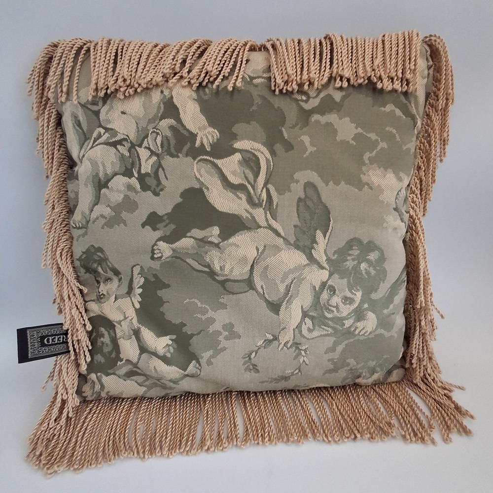 REED Style Cherub Angel Tapestry Throw Pillow Green Beige Fringe‎ Trim 14" Vtg